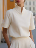 Bazaarioo Women's Elegant Stand Collar Short Sleeve Top with Unique Neckline