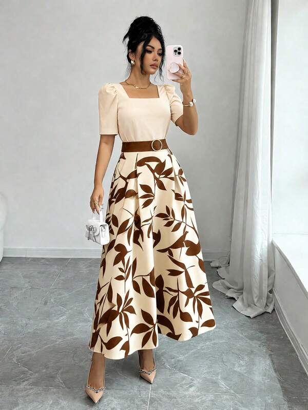 Bazaarioo Women's Floral Patchwork Belted A-Line Midi Dress with Short Sleeves