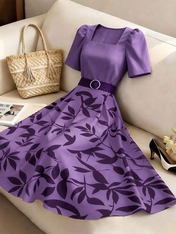Bazaarioo Women's Floral Patchwork Belted A-Line Midi Dress with Short Sleeves