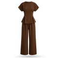 Women's Chocolate Brown Office Wear Two Piece Set with Pleated Waist Top