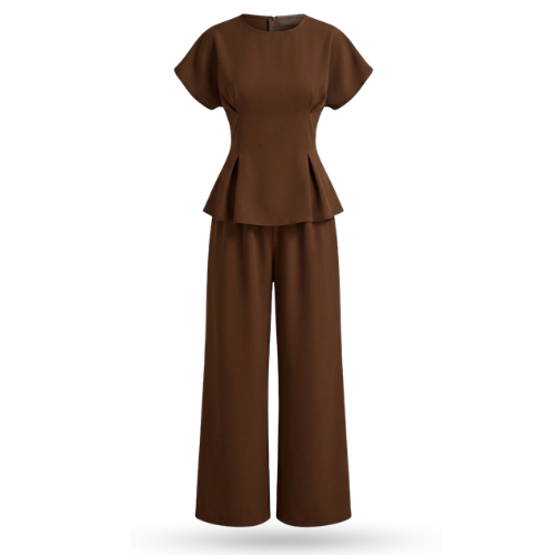 Women's Chocolate Brown Office Wear Two Piece Set with Pleated Waist Top