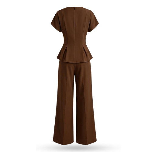 Women's Chocolate Brown Office Wear Two Piece Set with Pleated Waist Top