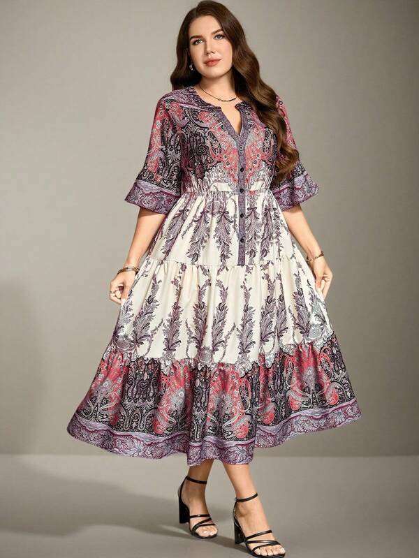 Flouryn Plus Size Random Printed Maxi Dress for Women