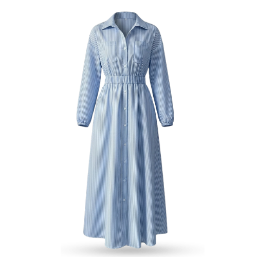 Elegant Polo Collar Shirt Dress with Stripe Pattern