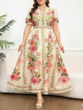 Women's Elegant Beige Floral Printed Short Sleeve Long Dress for Summer