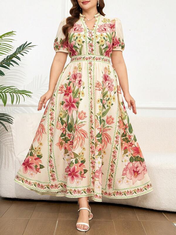 Women's Elegant Beige Floral Printed Short Sleeve Long Dress for Summer