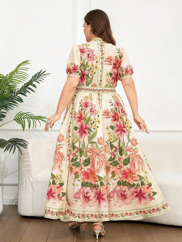 Women's Elegant Beige Floral Printed Short Sleeve Long Dress for Summer