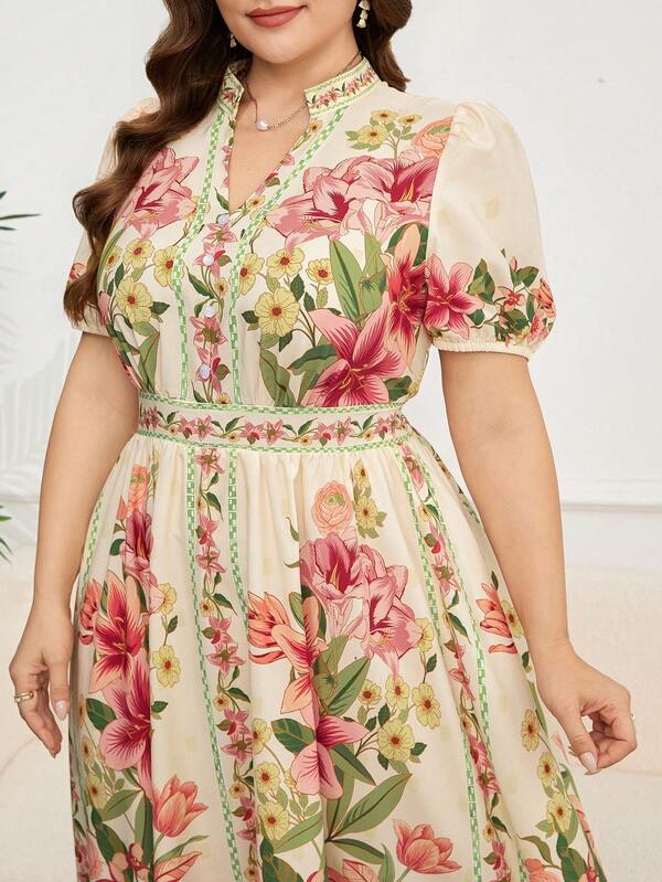Women's Elegant Beige Floral Printed Short Sleeve Long Dress for Summer