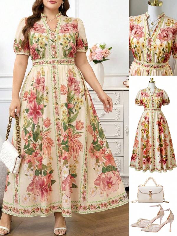 Women's Elegant Beige Floral Printed Short Sleeve Long Dress for Summer