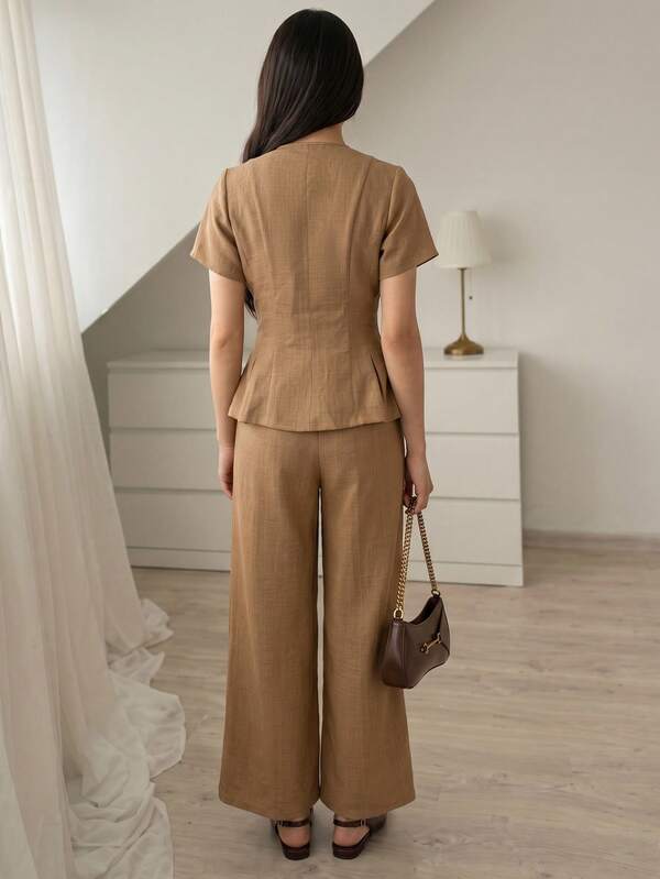 Women's Elegant Linen 2-Piece Office Set with Stand Collar Blouse and High-Waisted Wide Leg Pants