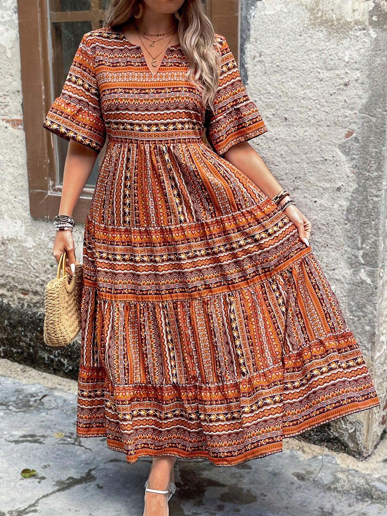 Women's Floral Print Maxi Flare Dress with Ruffle Hem and Short Sleeves for Summer