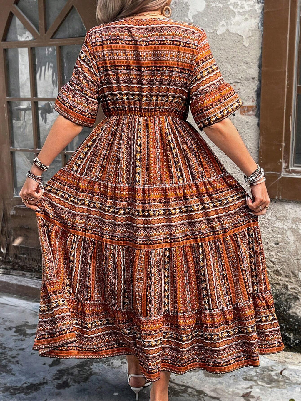 Women's Floral Print Maxi Flare Dress with Ruffle Hem and Short Sleeves for Summer