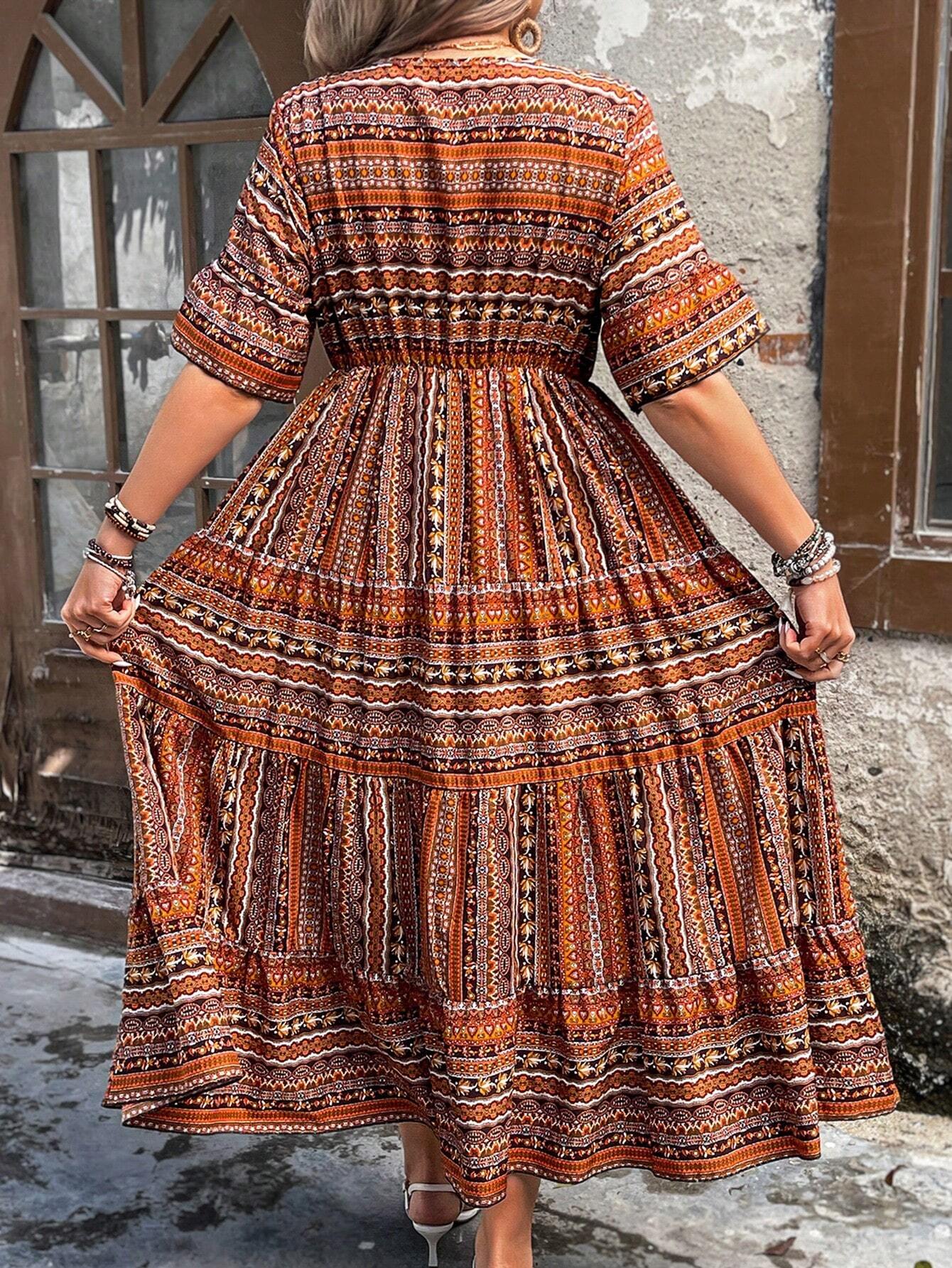 Women's Floral Print Maxi Flare Dress with Ruffle Hem and Short Sleeves for Summer