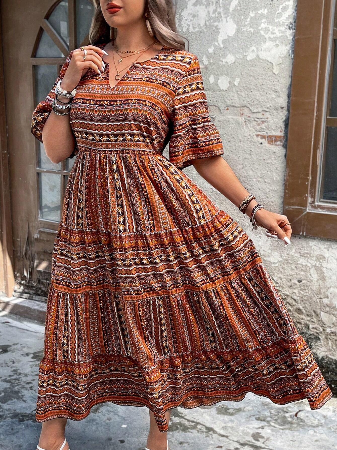 Women's Floral Print Maxi Flare Dress with Ruffle Hem and Short Sleeves for Summer