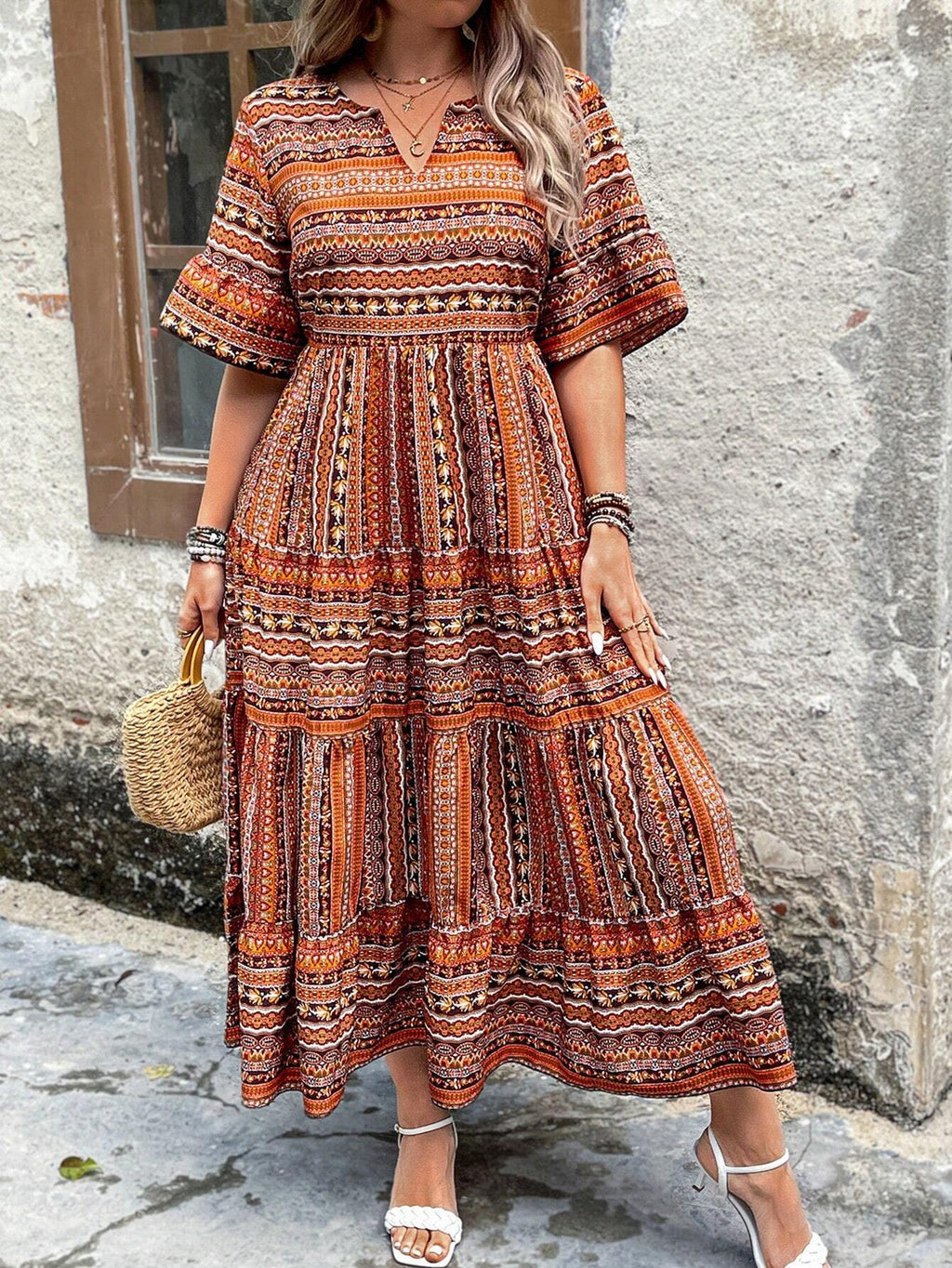 Women's Floral Print Maxi Flare Dress with Ruffle Hem and Short Sleeves for Summer