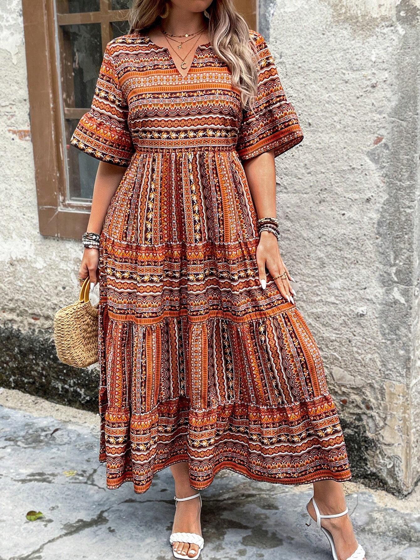 Women's Floral Print Maxi Flare Dress with Ruffle Hem and Short Sleeves for Summer