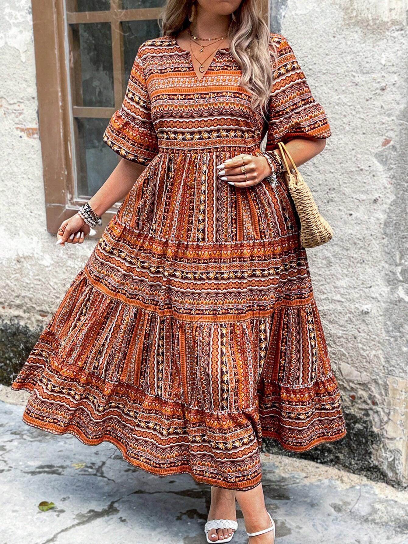 Women's Floral Print Maxi Flare Dress with Ruffle Hem and Short Sleeves for Summer