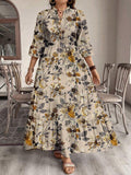 Women's Floral Print V-Neck Casual Vacation Dress with 3/4 Ruffle Sleeves