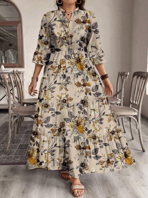 Women's Floral Print V-Neck Casual Vacation Dress with 3/4 Ruffle Sleeves