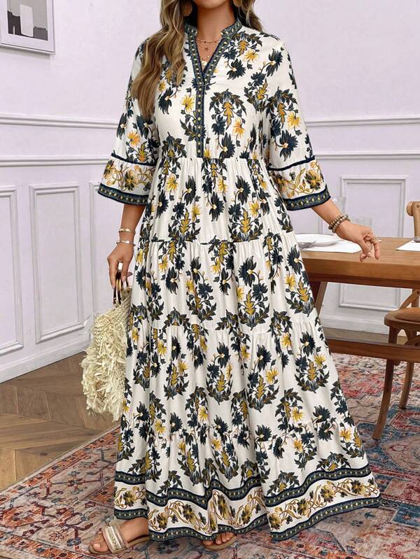Women's Floral Print V-Neck Casual Vacation Dress with 3/4 Ruffle Sleeves