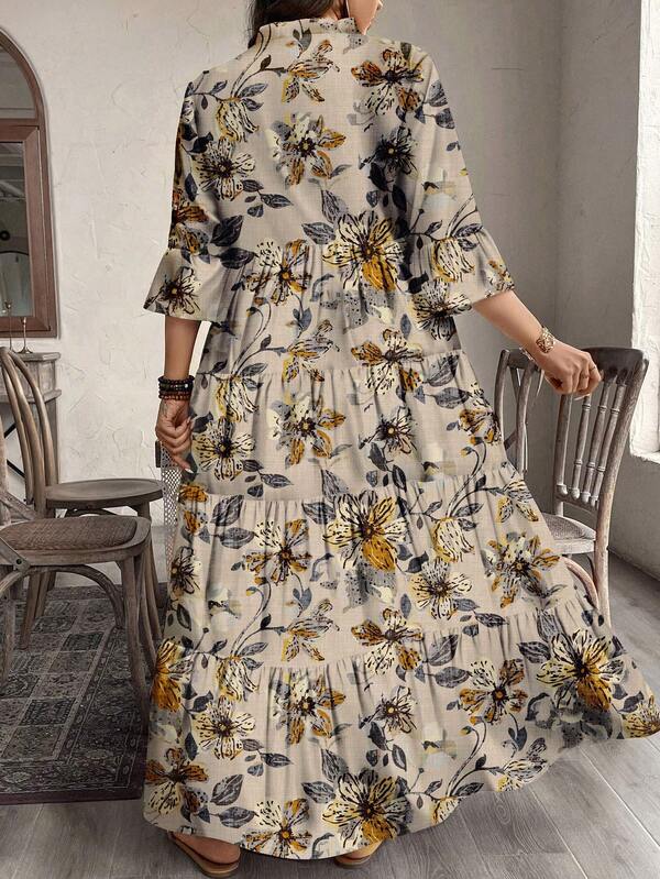 Women's Floral Print V-Neck Casual Vacation Dress with 3/4 Ruffle Sleeves