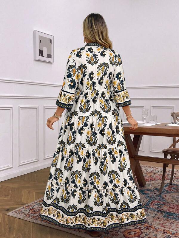 Women's Floral Print V-Neck Casual Vacation Dress with 3/4 Ruffle Sleeves